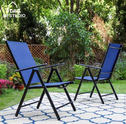 MF Studio 2-Piece Aluminum Outdoor Folding Sling Chairs with Textilene Seat, Black & Blue