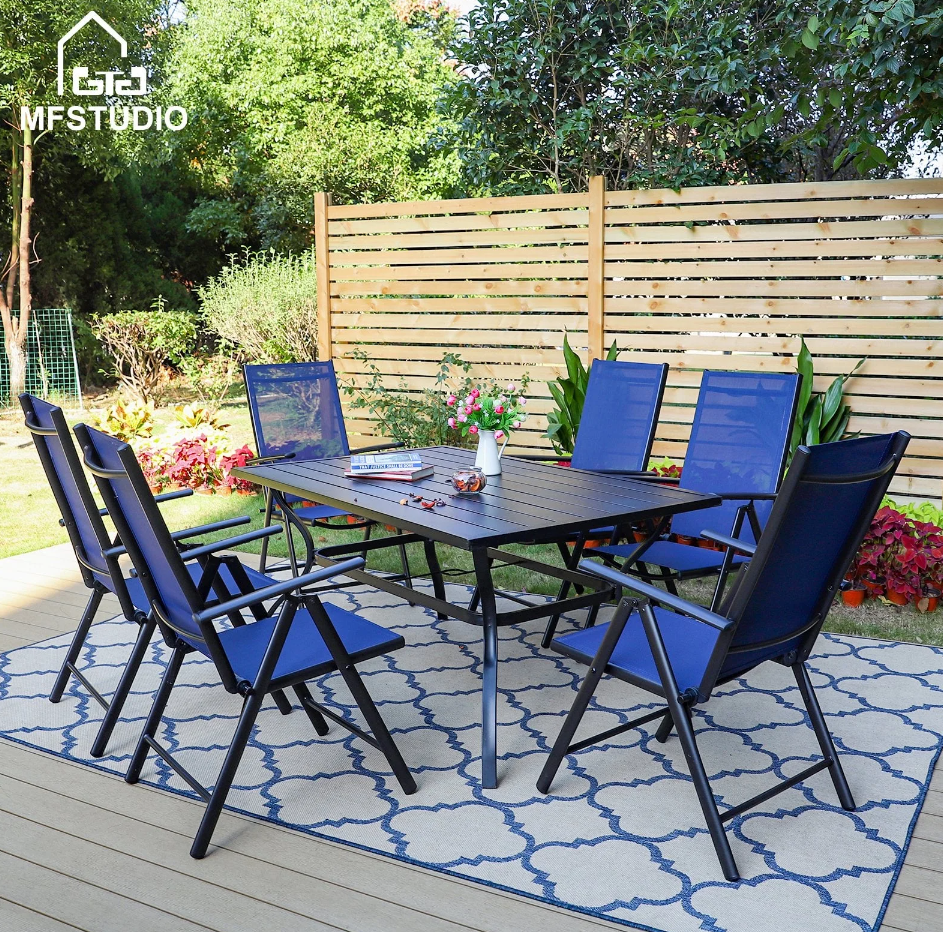 MF Studio 7-Piece Patio Dining Set with Rectangle Table&Textilene Folding Chairs for 6 Persons, Blue