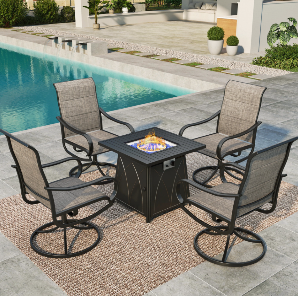 MF Studio 5-Piece Gas Fire Table Set with 4 High-Back Swivel Sling Dining Chairs and 1 Fire Pit Table 50,000 BTU