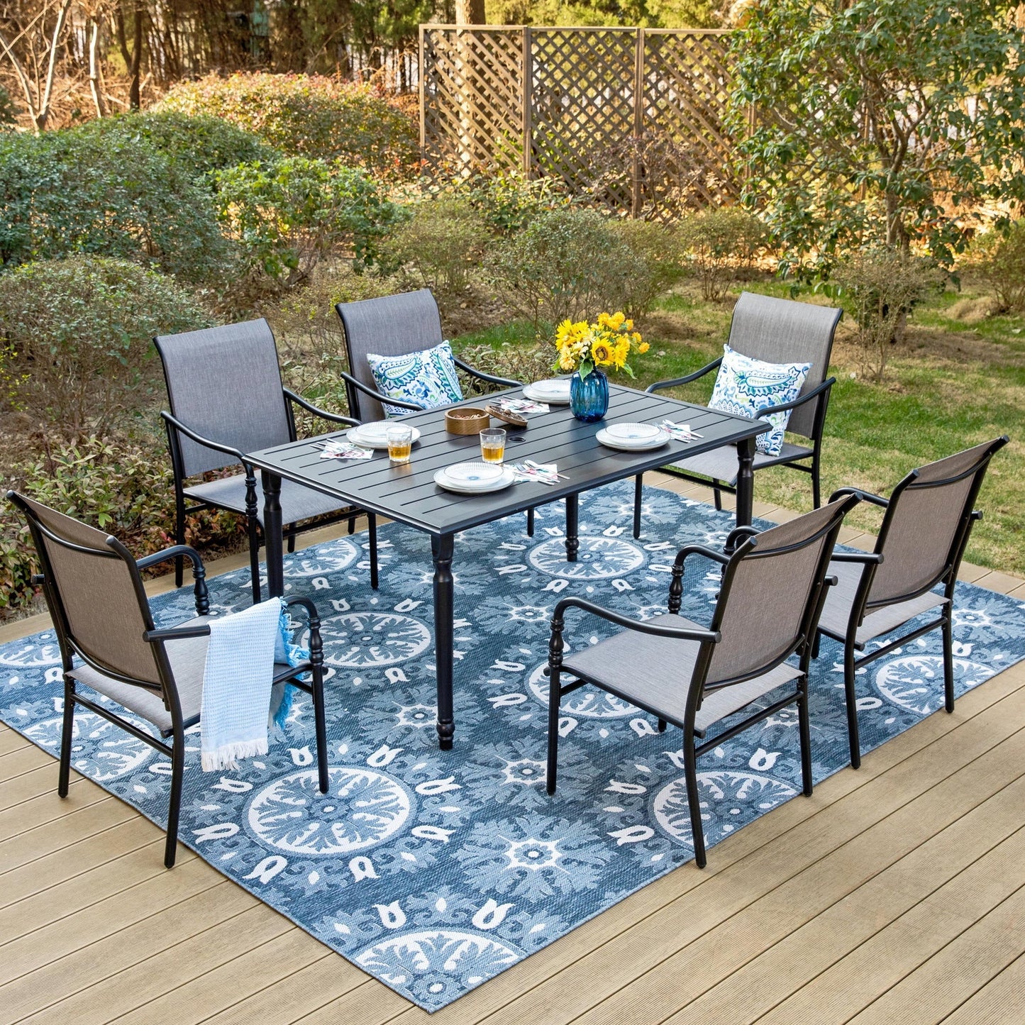 MF Studio 7-Piece Outdoor Patio Dining Set with 6 Textilene Chairs & Large Rectangular Table, Neoclassical Style, Black & Gray