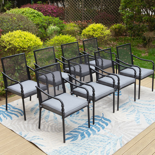 Summit Living Patio Dining Chair Set of 8, Mesh Backrest & Seat Cushion, Black & Gray