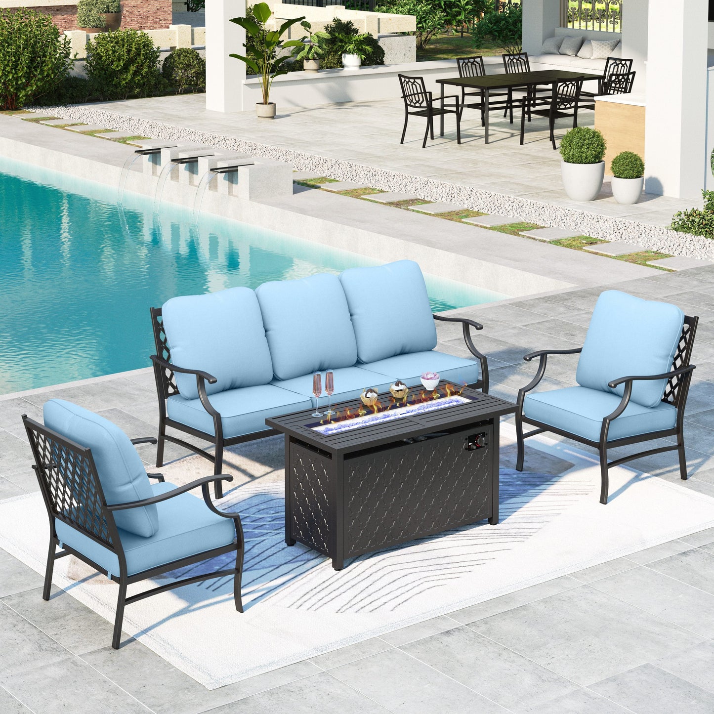 Summit Living 4 Pieces Patio Sectional Conversation Set with 45 inch Gas Fire Pit Table Outdoor Furniture Metal Sofa Set with Beige Cushions for 5 Person