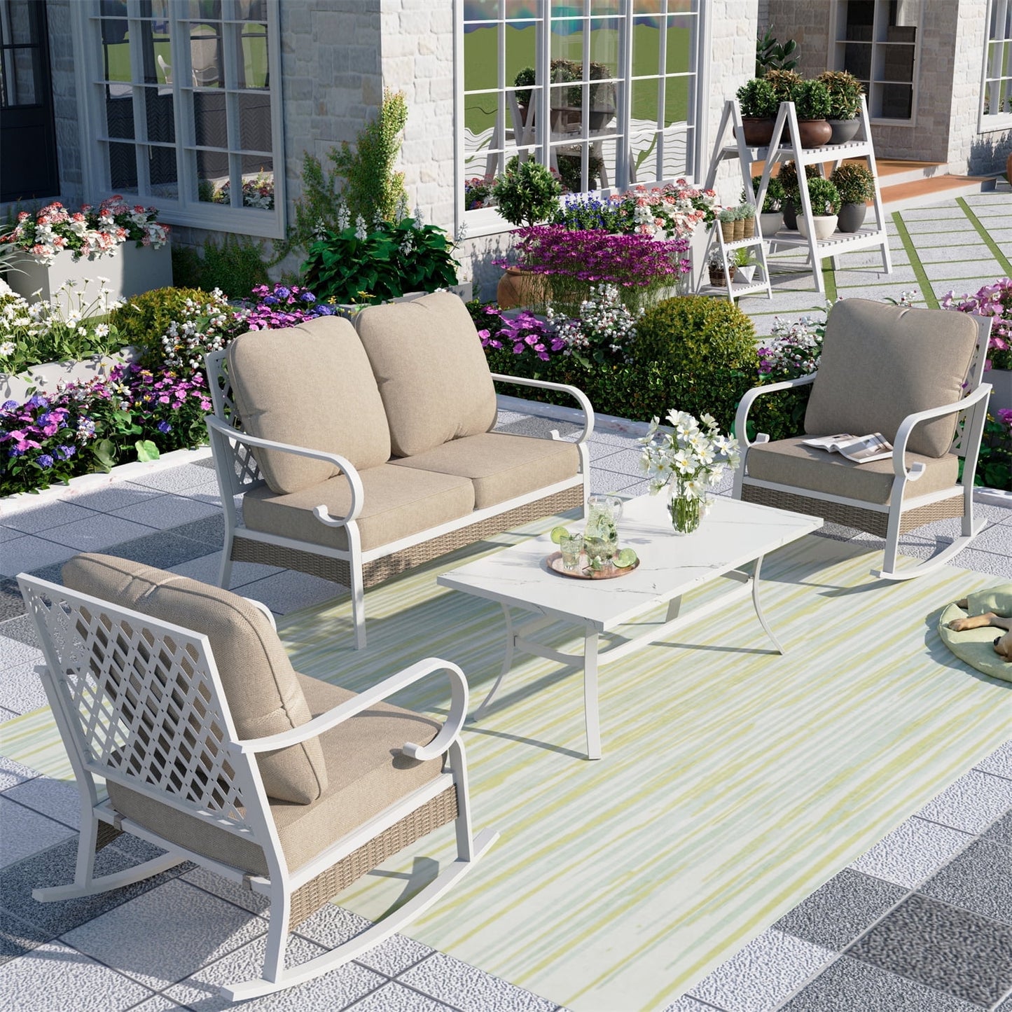 Summit Living 4-Seater Patio Conversation Set Metal Outdoor Furniture with Rocking Chair Sofa Beige