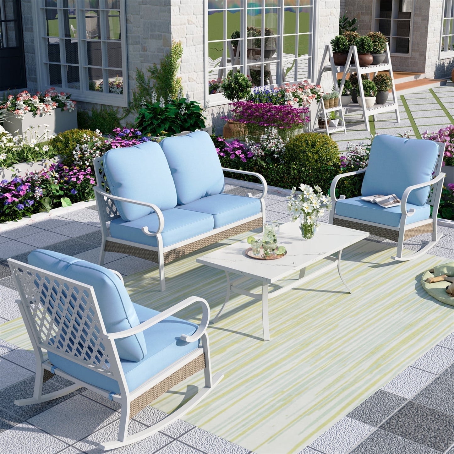 Summit Living 4-Seater Patio Conversation Set Metal Outdoor Furniture with Rocking Chair Sofa Blue