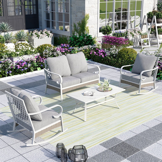 Summit Living 4-Seater Patio Conversation Set Metal Outdoor Furniture with Rocking Chair Sofa Gray