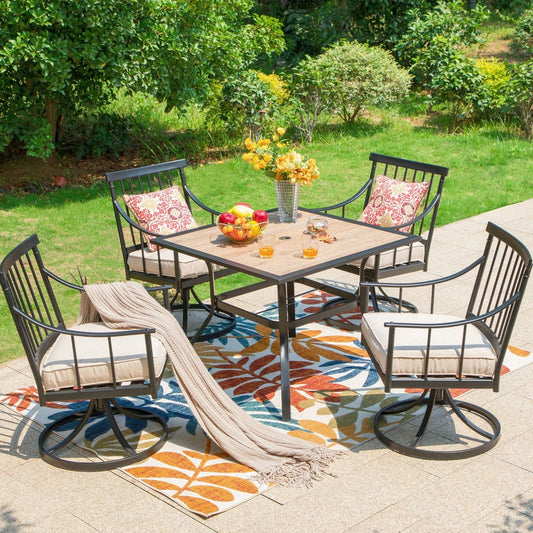 Summit Living 5-Piece Patio Outdoor Dining Set, All-Weather Metal Furniture Set with Swivel Cushioned Chairs, Black & Beige