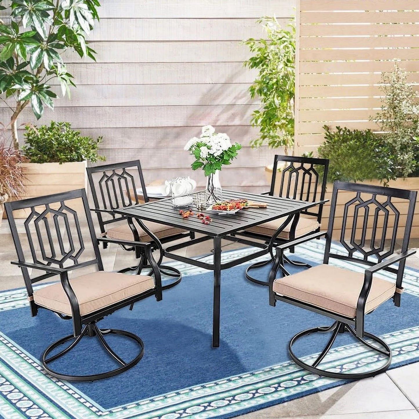 Summit Living 5-Piece Outdoor Dining Set with Swivel Cushioned Chairs, Black & Beige