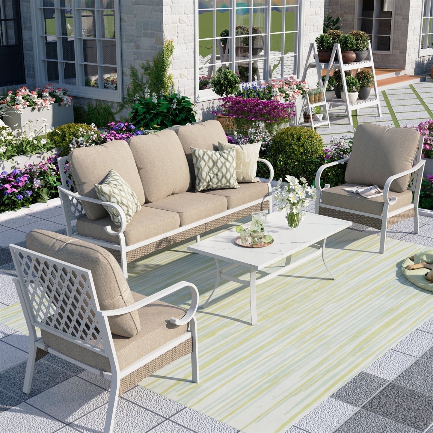 Summit Living 5-Seater Patio Conversation Set Metal Outdoor Furniture with Fixed Chair Sofa Beige