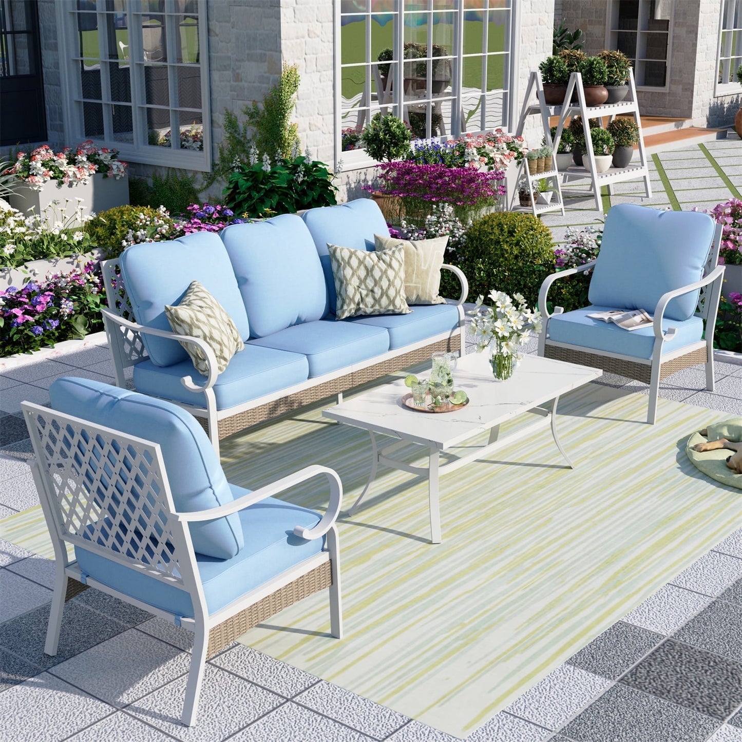 Summit Living 5-Seater Patio Conversation Set Metal Outdoor Furniture with Fixed Chair Sofa Blue