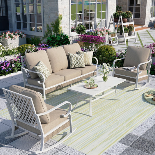 Summit Living 5-Seater Patio Conversation Set Metal Outdoor Furniture with Rocking Chair Sofa Beige