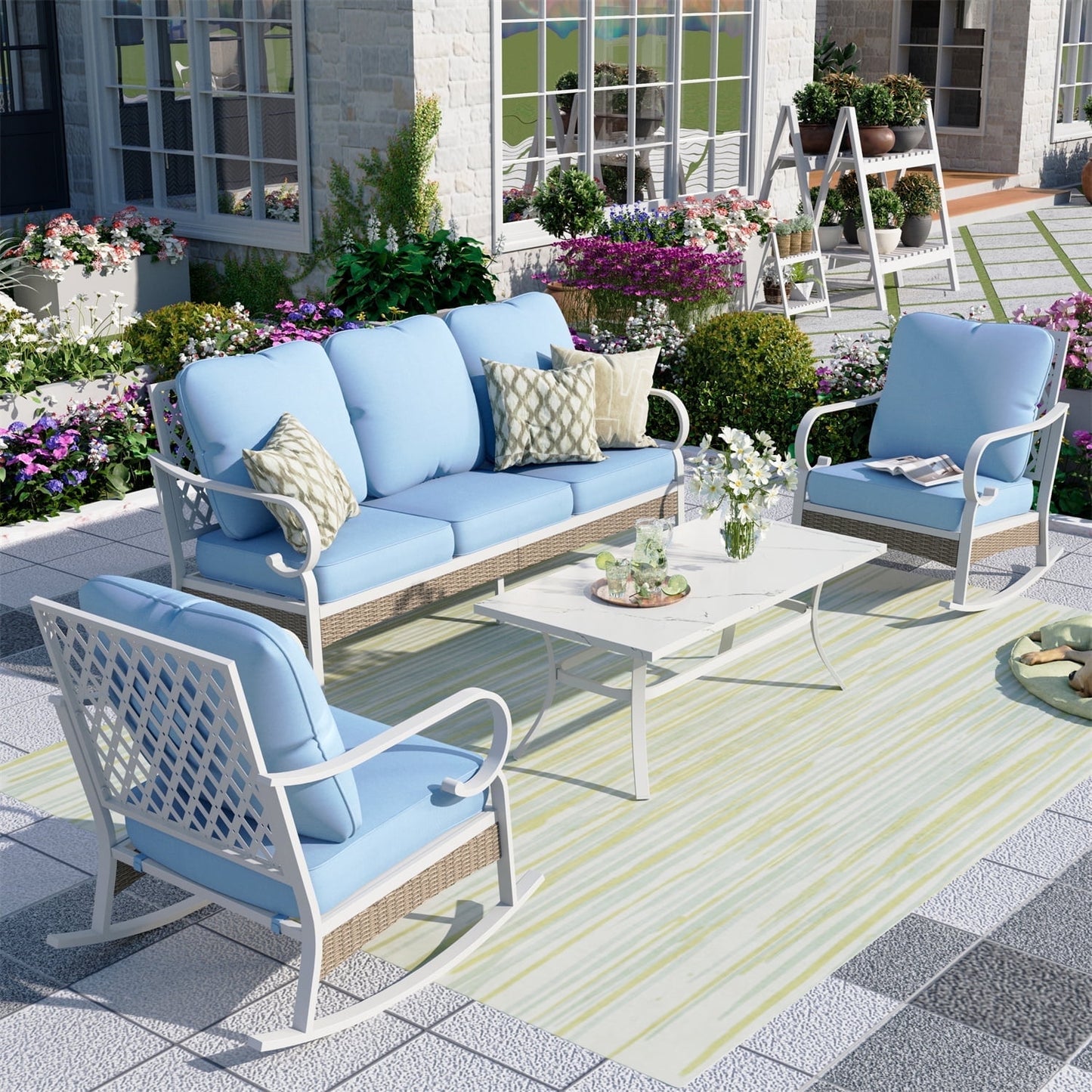 Summit Living 5-Seater Patio Conversation Set Metal Outdoor Furniture with Rocking Chair Sofa Blue