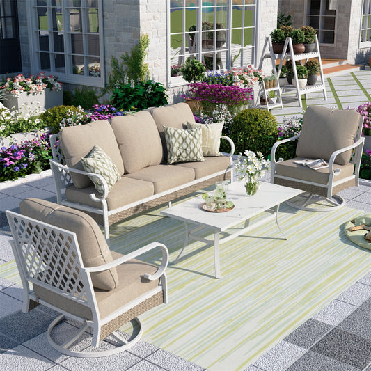 Summit Living 5-Seater Patio Conversation Set Metal Outdoor Furniture with Swivel Chair Sofa Beige