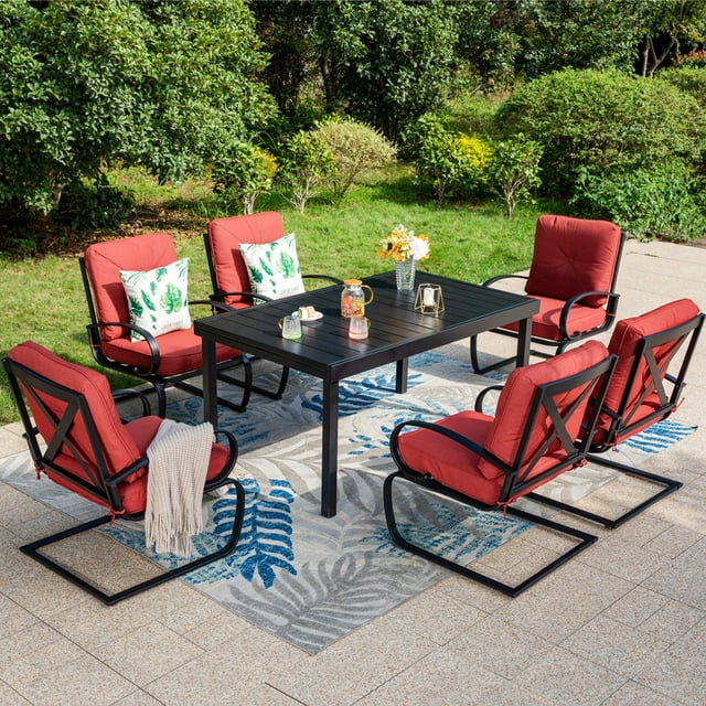 Summit Living 7-Piece Outdoor Dining Set with Expandable Table & Rocking Motion Chairs， Black & Red