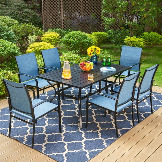 Summit Living 7-Piece Outdoor Patio Dining Set with Textilene Chairs & Metal Steel Dining Table, Black & Blue