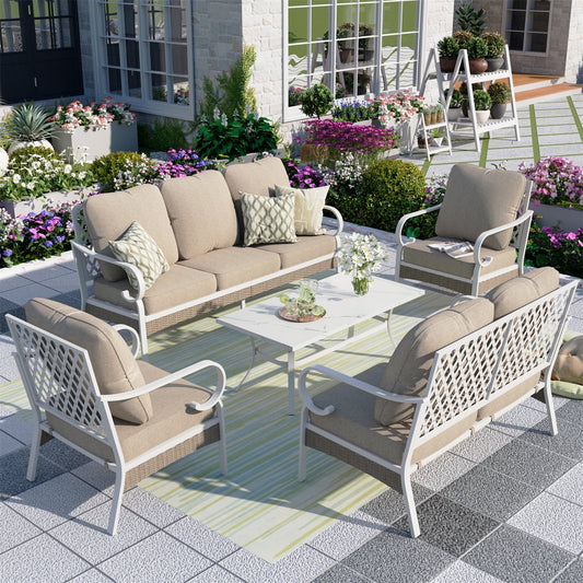 Summit Living 7-Seater Patio Conversation Set Metal Outdoor Furniture with Fixed Chair Sofa Beige