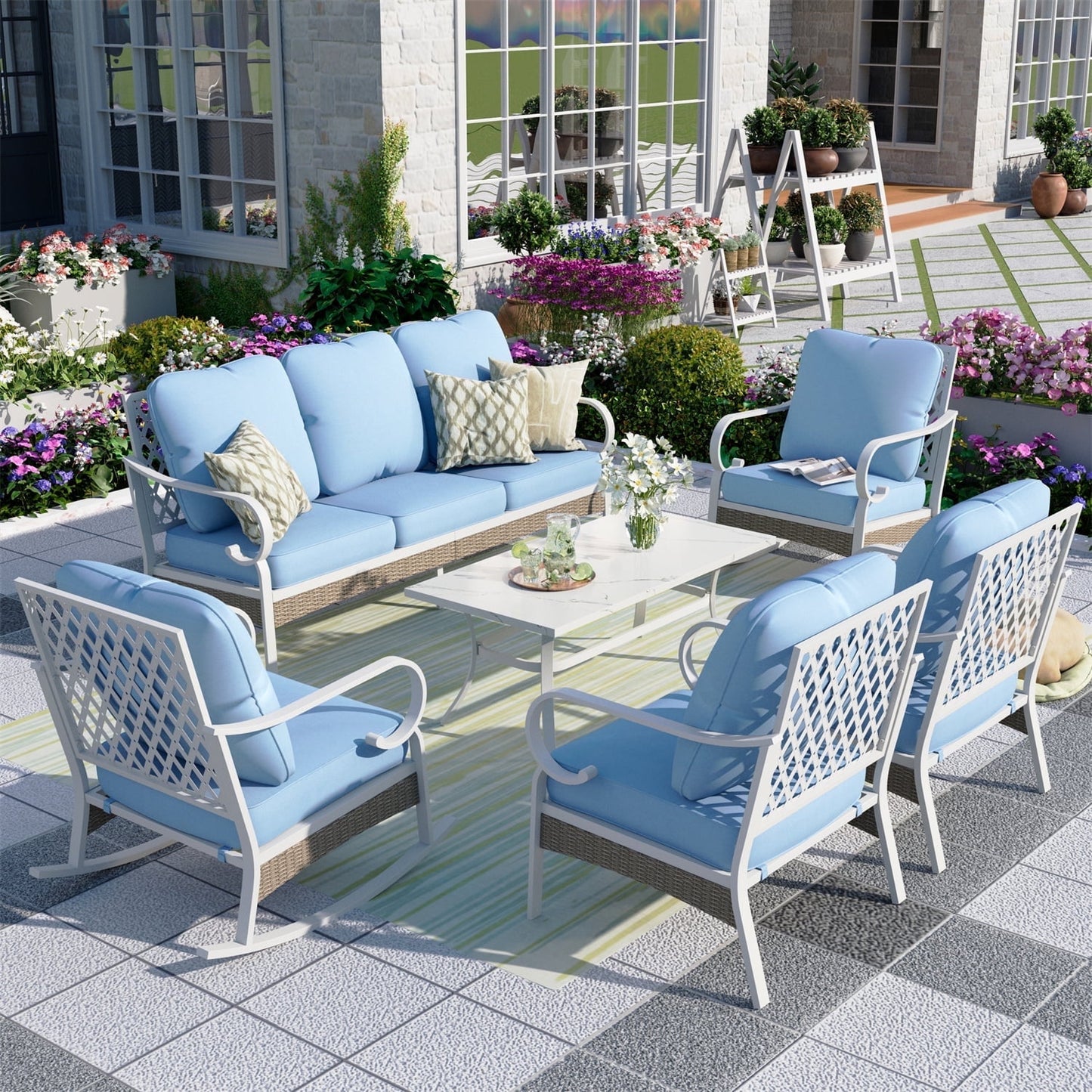 Summit Living 7 Seater Patio Conversation Set Metal Outdoor Furniture with Rocking Chair Sofa Blue Sectional Sofa Set