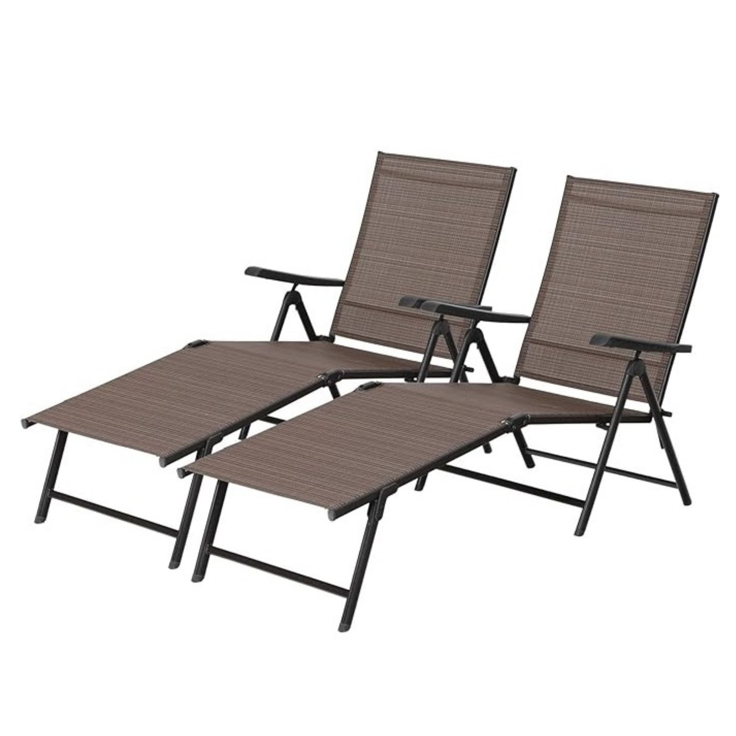 MF Studio Set of 2 Outdoor Patio Beach Lounge Chair, Outdoor Chaise Lounges with Armrests & Adjustable Backrest, Steel Recliner, Brown & Black