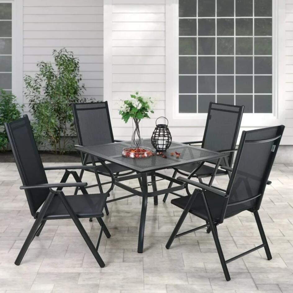 MF Studio Outdoor Patio Aluminum Folding Dining Set Modern Furniture with 7-Level Adjustable Textilene Chairs&Square Table for 4, Black