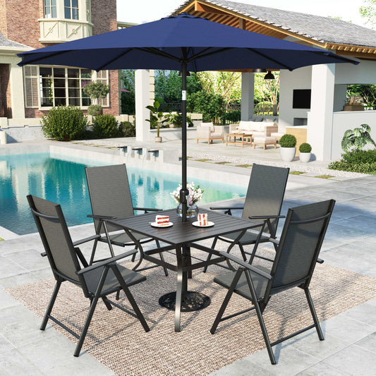 MF Studio 6-Piece Outdoor Patio Dining Set with Umbrella, Adjustable High-Back Folding Chairs, Square Table and 9ft Umbrella, Black and Blue