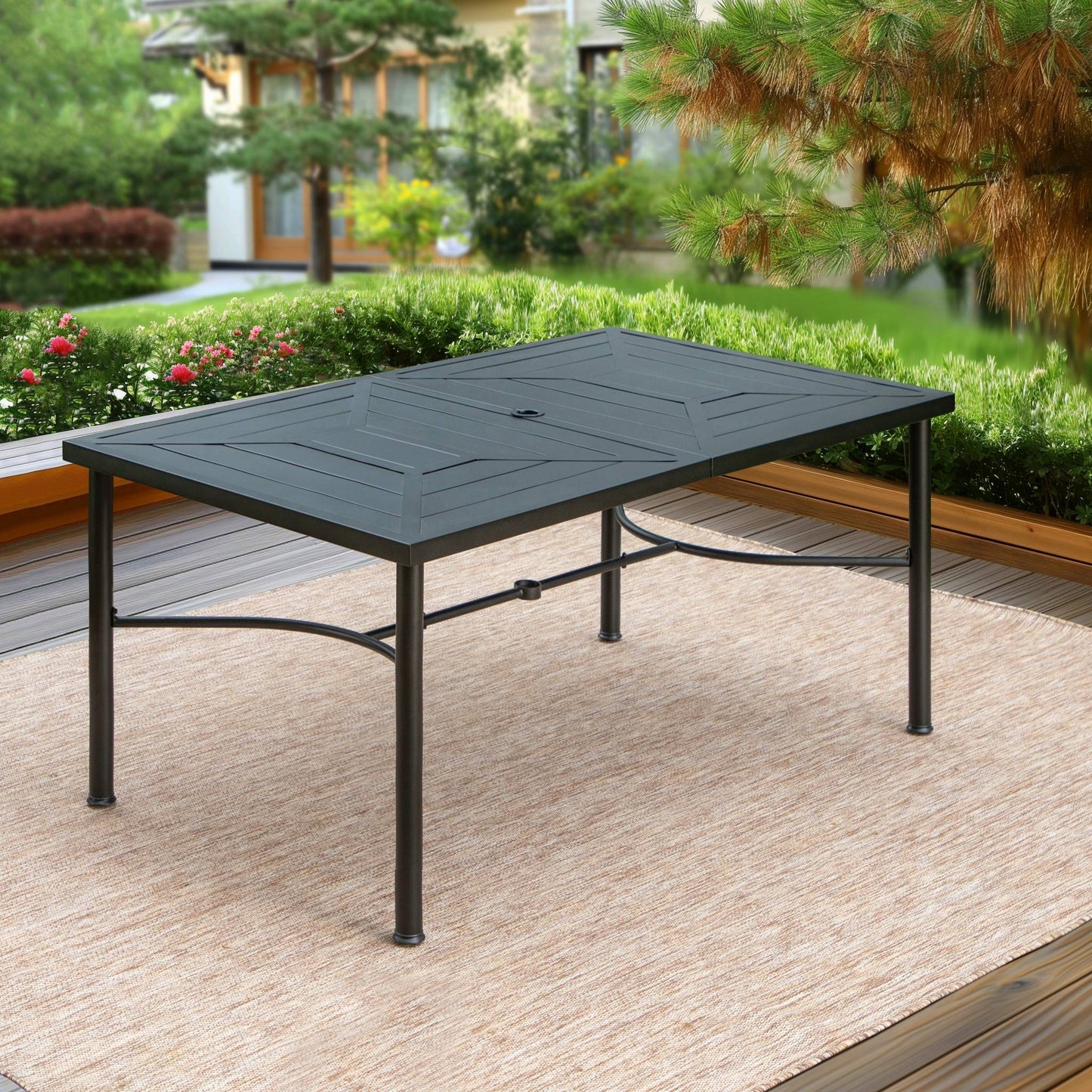 MF Studio 64" x 39" Rectangular Steel Outdoor Dining Table with Umbrella Hole, Morden heavy metal design Patio Table, Black