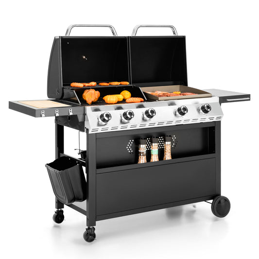 Summit Living 5-Burner Outdoor Propane Gas Grill and Griddle Combo BBQ Grill with Lid 54,000 BUT