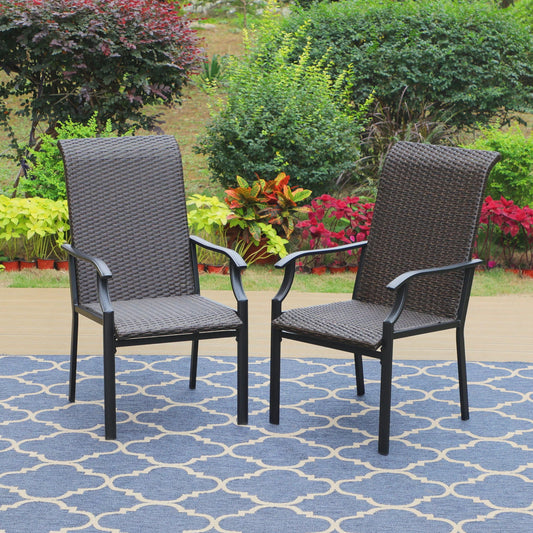 MF Studio 2 Pieces Outdoor Patio High-Back Wicker Dining Chairs, Dark Brown Rattan&Black Metal Frame