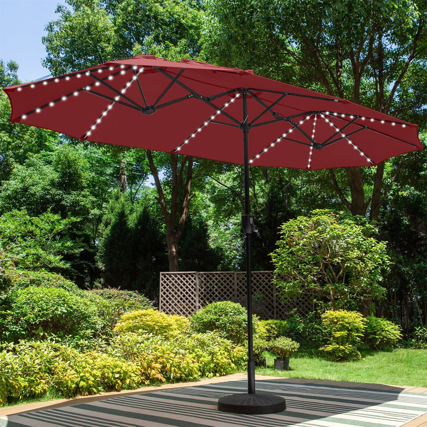 Summit Living 13 ft Patio Umbrella with LED Solar Lights Large Double Sided Outdoor Table Umbrella Red