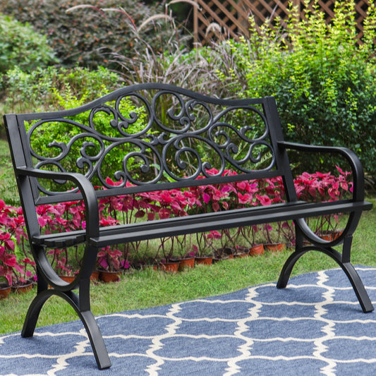 Summit Living 50 Outdoor Garden Bench, Cast Iron Metal Frame Patio Park Bench, Black