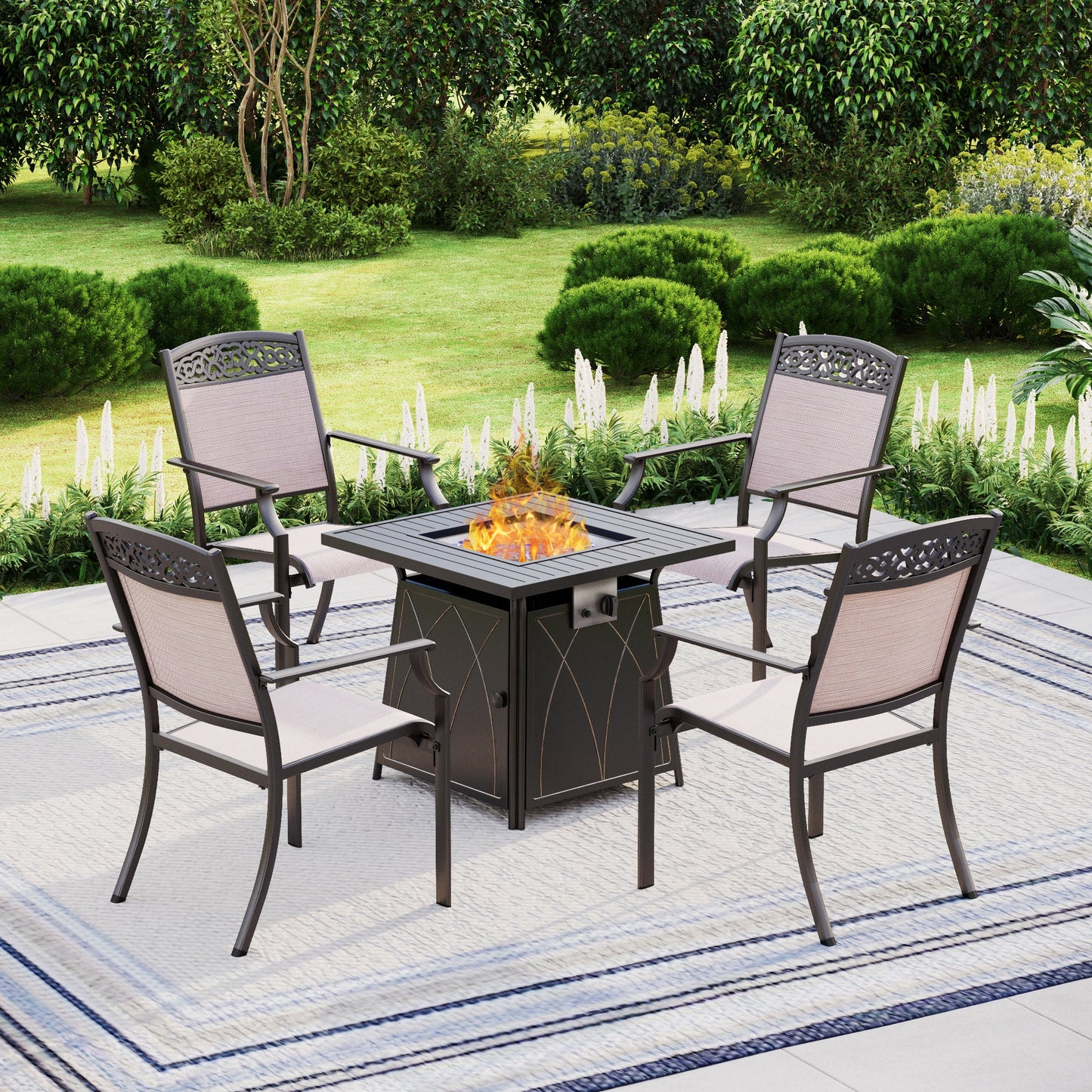 MF Studio 5-Piece Outdoor Patio Gas Fire Pit Set with 1 Piece 50,000 BTU Fire Pit Table&4 Pieces Cast Aluminum Stackable Armchairs,Black&Beige