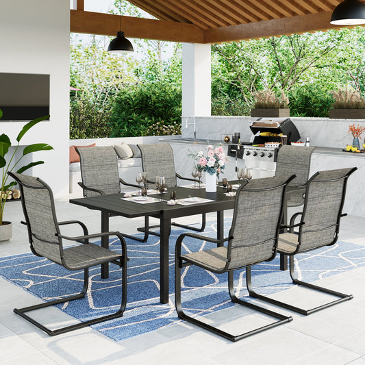 MF Studio 7 Pieces Outdoor Patio Dinning Set with C Spring Textilene Chairs and Metal Extendable Dining Table for 6 Person,Black & Gray