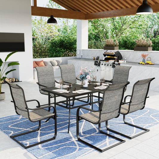 MF Studio 7 Pieces Outdoor Patio Dinning Set with 6 Pieces C Spring Chairs Textilene Padded Seat and 1 Piece Metal Dining Table, Black&Gray