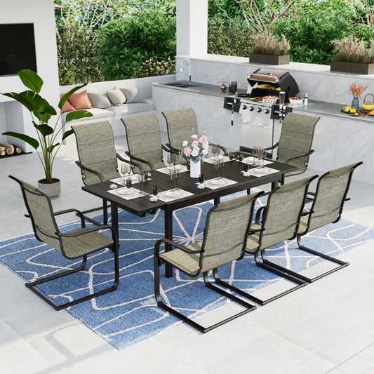 MF Studio 9 Pieces Outdoor Patio Dinning Set with C Spring Textilene Chairs and Metal Extendable Dining Table for 8 Person, Black & Gray