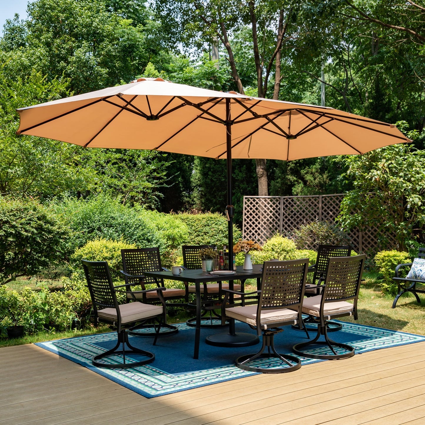 Summit Living 15 ft Double Sided Patio Umbrella with Base Large Outdoor Table Umbrella Beige