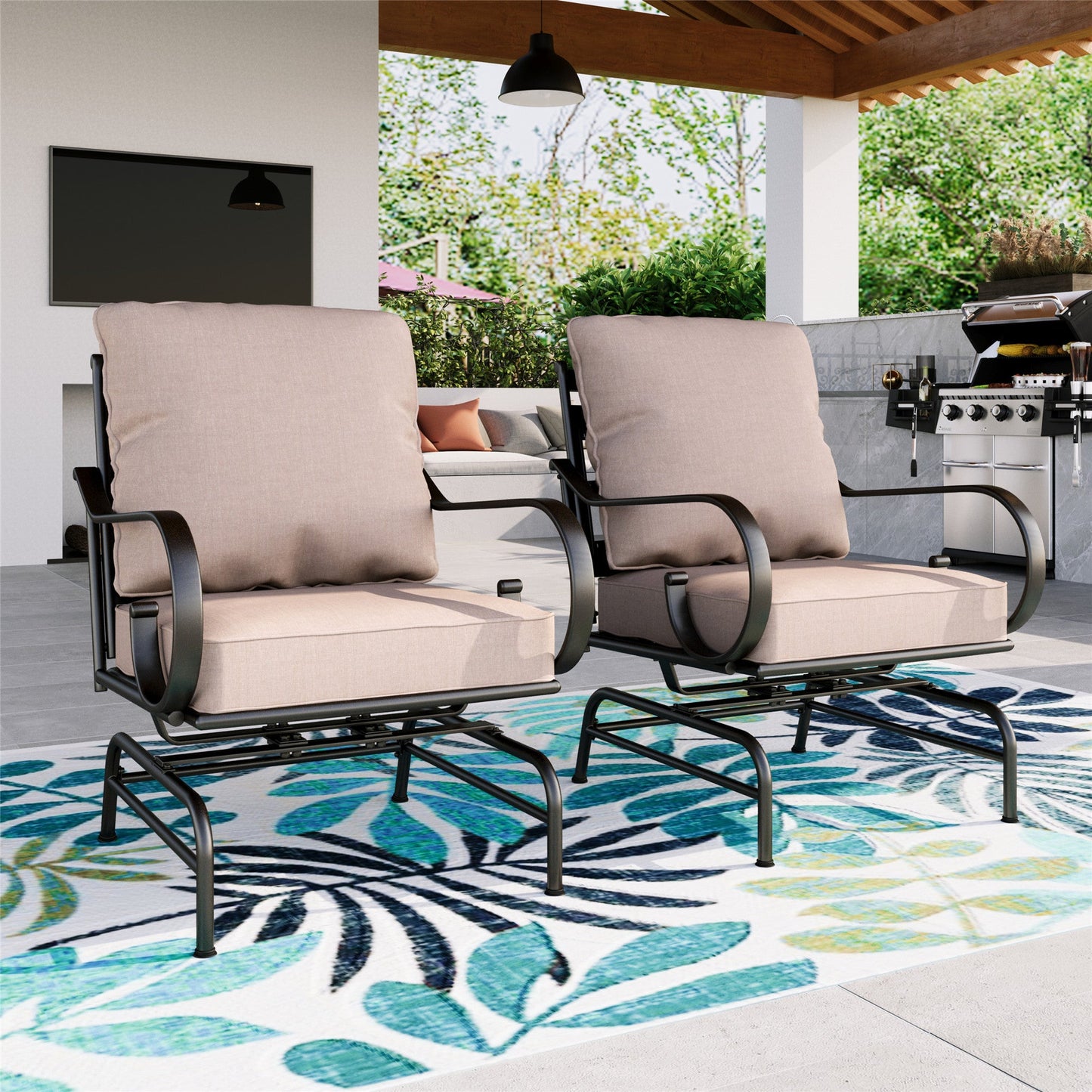 Summit Living 2-Piece Outdoor Rocking Motion Chairs with Seat Cushions & Back Pillows, Black & Beige