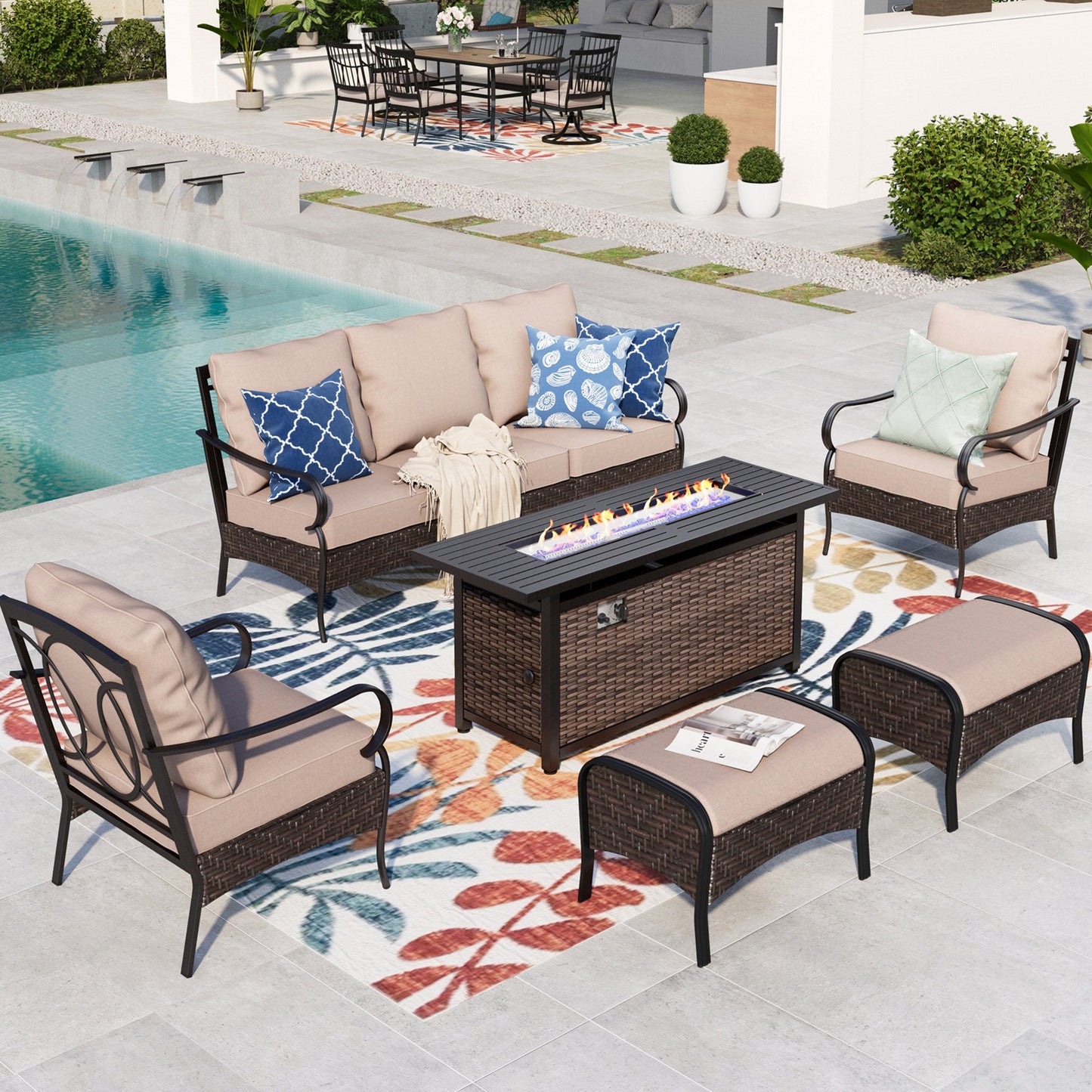 Summit Living 7-Seat Patio Conversation Set with 3-Seat Sofa, Two Club Chairs, Two Ottomans & 50000 BTU Fire Pit Table, Black Steel Frame & Beige Cushions