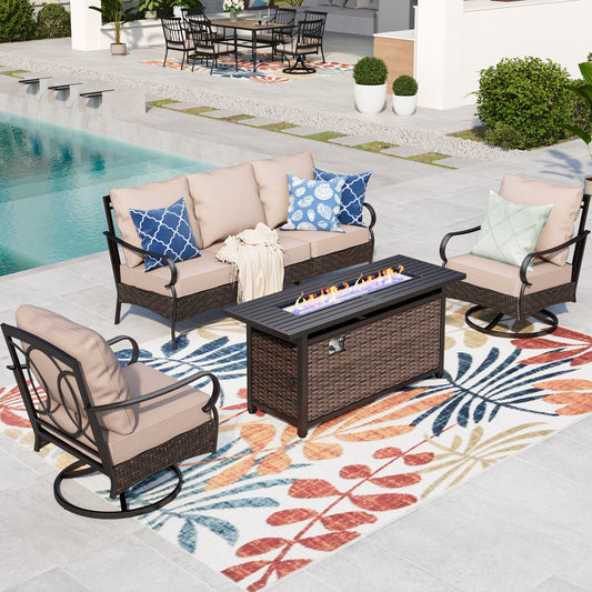 Summit Living 5-Seat Patio Conversation Set with 3-Seat Sofa, Two Swivel Chairs & 50000 BTU Fire Pit Table, Black Steel Frame & Beige Cushions