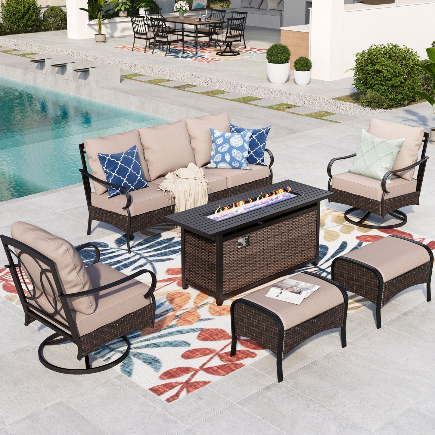 Summit Living 7-Seat Patio Conversation Set with 3-Seat Sofa, Two Swivel Chairs, Two Ottomans & 50000 BTU Fire Pit Table, Black Steel Frame & Beige Cushions