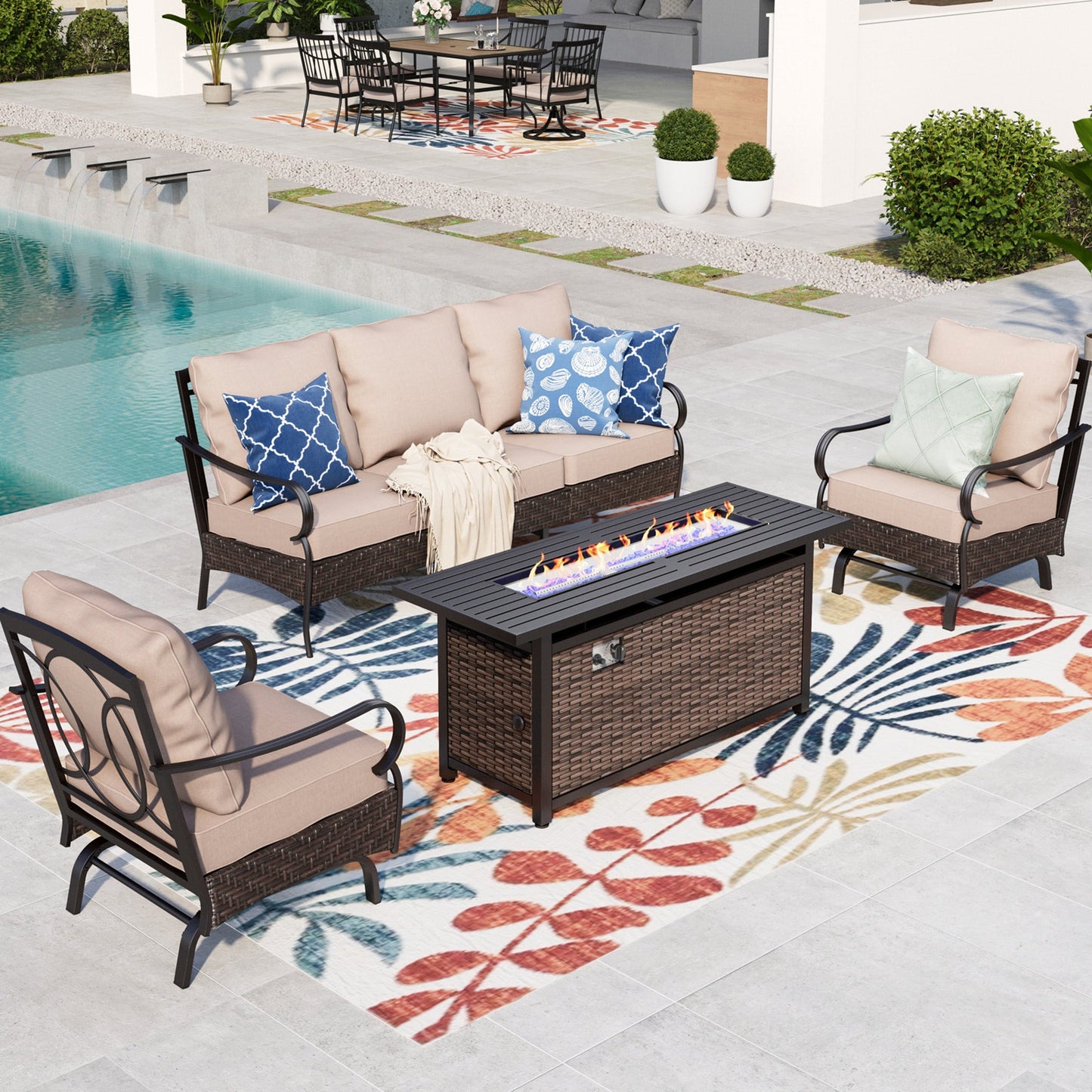 Summit Living 5-Seat Patio Conversation Set with 3-Seat Sofa, Two Rocking Chairs & 50000 BTU Fire Pit Table, Black Steel Frame & Beige Cushions