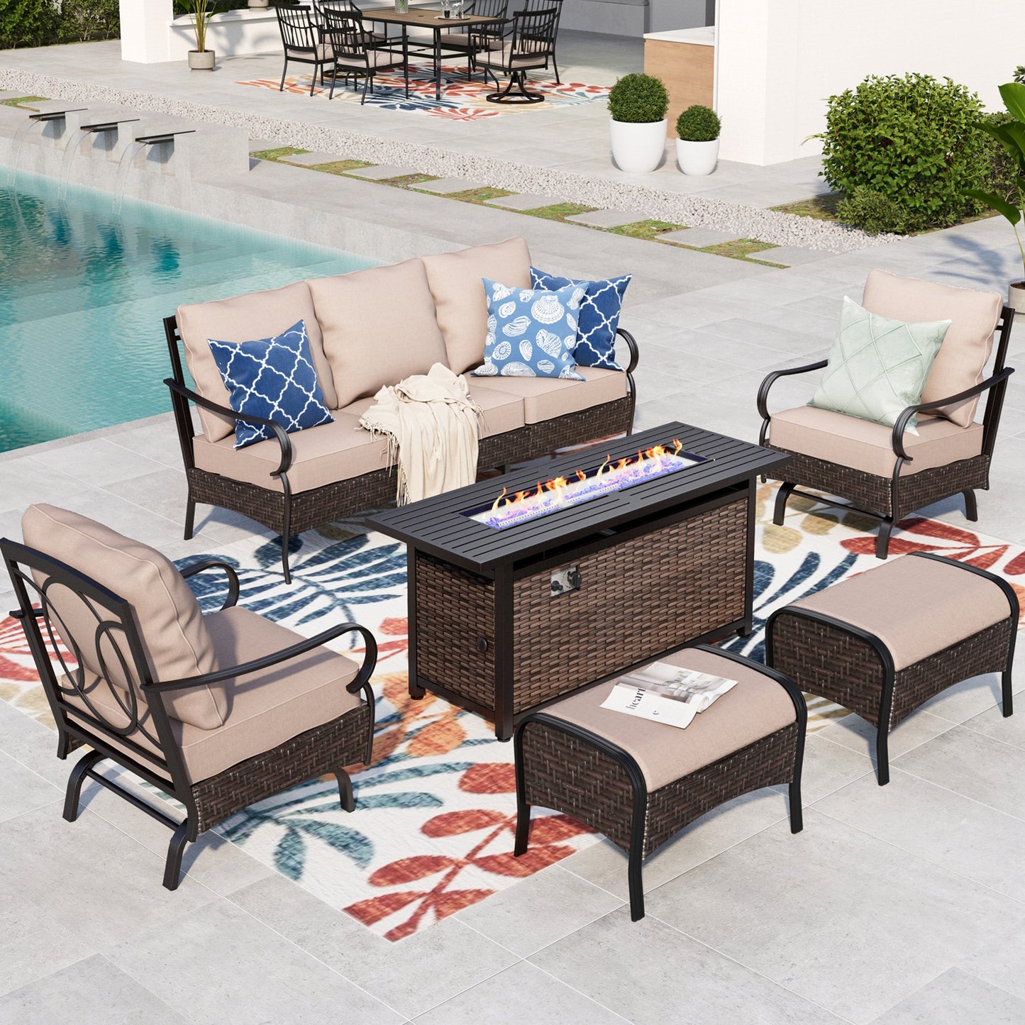 Summit Living 7-Seat Patio Conversation Set with 3-Seat Sofa, Two Rocking Chairs, Two Ottomans & 50000 BTU Fire Pit Table, Black Steel Frame & Beige Cushions