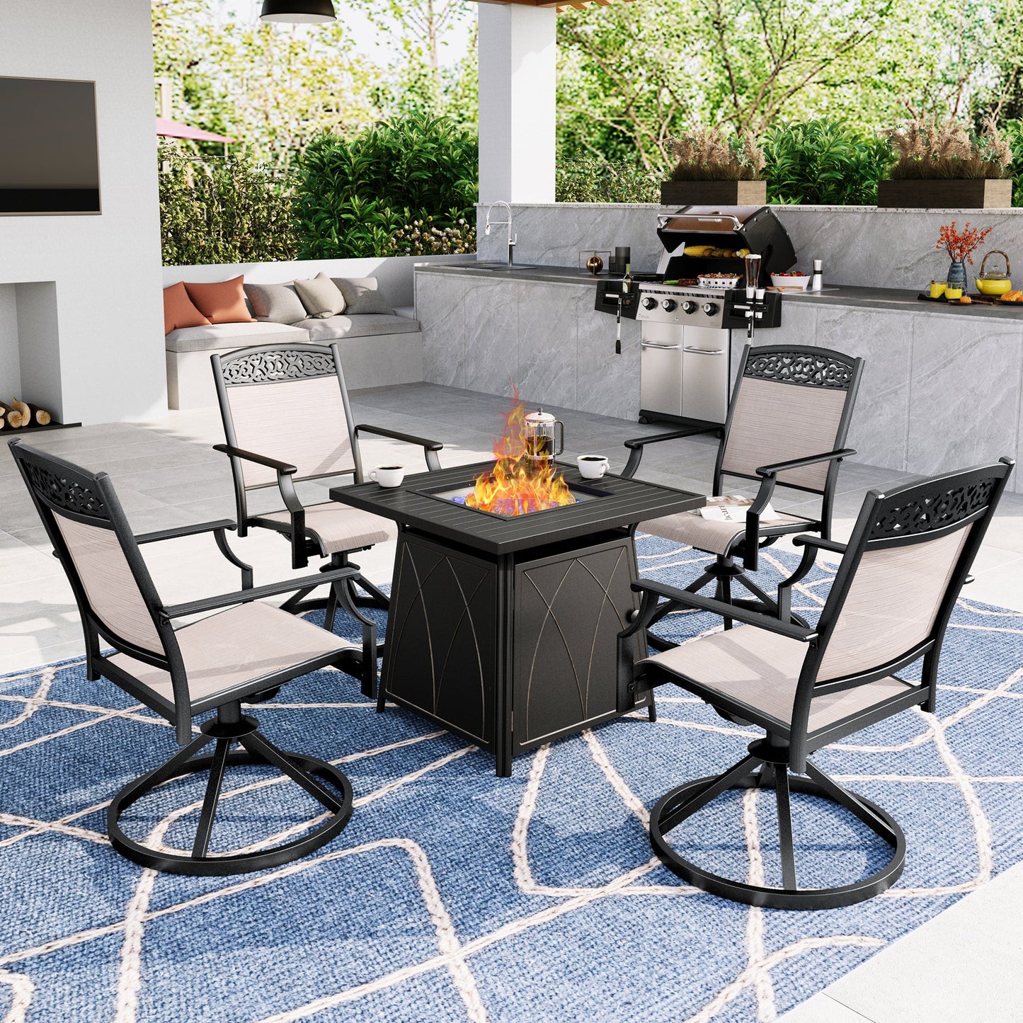 Summit Living 5-Piece Outdoor Patio Gas Fire Pit Set with 1 Piece 50,000 BTU Fire Pit Table&4 Pieces Aluminum Swivel Armchairs