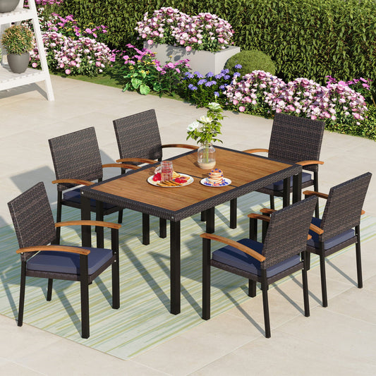 MF Studio 7 Pieces Outdoor Patio Dining Set Wicker Furniture Set for 6 Person Navy Blue