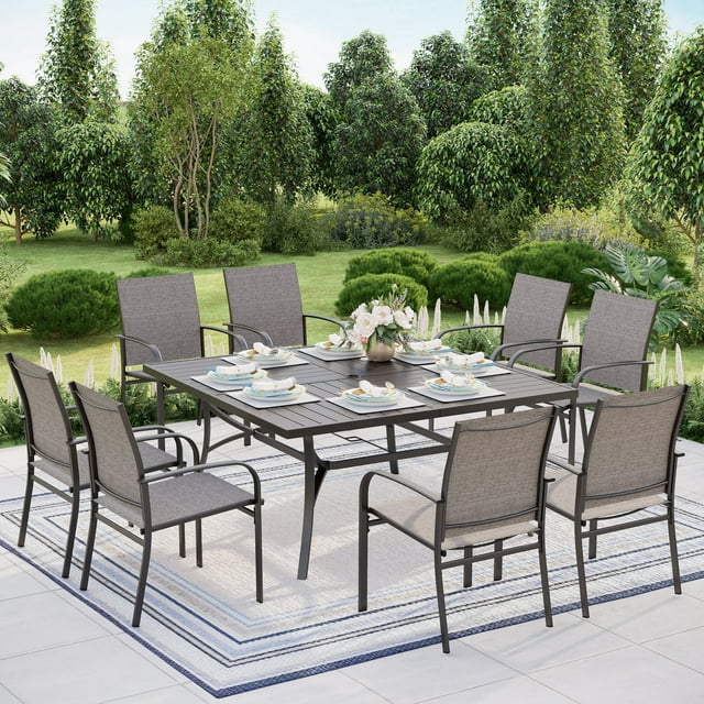 MF Studio 9-Piece Outdoor Patio Dining Set with Large Square Steel Table & Textilene Chairs for 8-Person, Steel Frame, Black & Brown