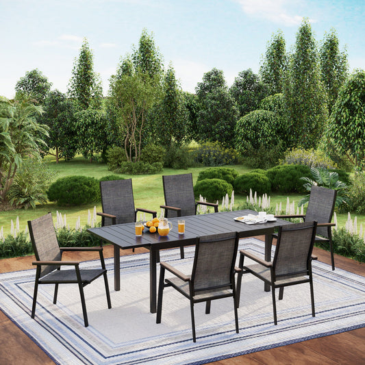 Summit Living 7 Pieces Outdoor Patio Dinning Set with 6 Aluminum Stackable Chairs and 1 Metal Extendable Table for 6 Person,Black&Gray