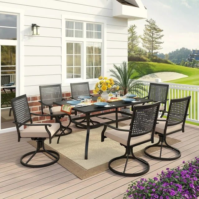 MF Studio 7-Piece Outdoor Patio Dining Set with 6 Swivel Chairs with Cushion and 1 Rectangular Metal Steel Table, Black & Beige