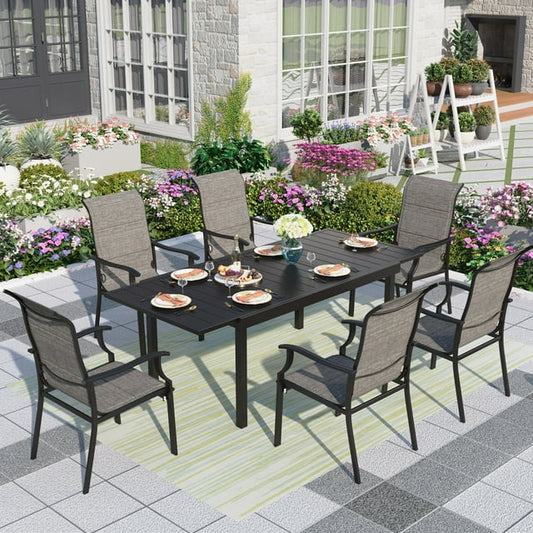 MF Studio 7 Pieces Outdoor Patio Dinning Set with 6 Pieces Padded Textilene Chairs & Metal Steel Table, Black & Gray