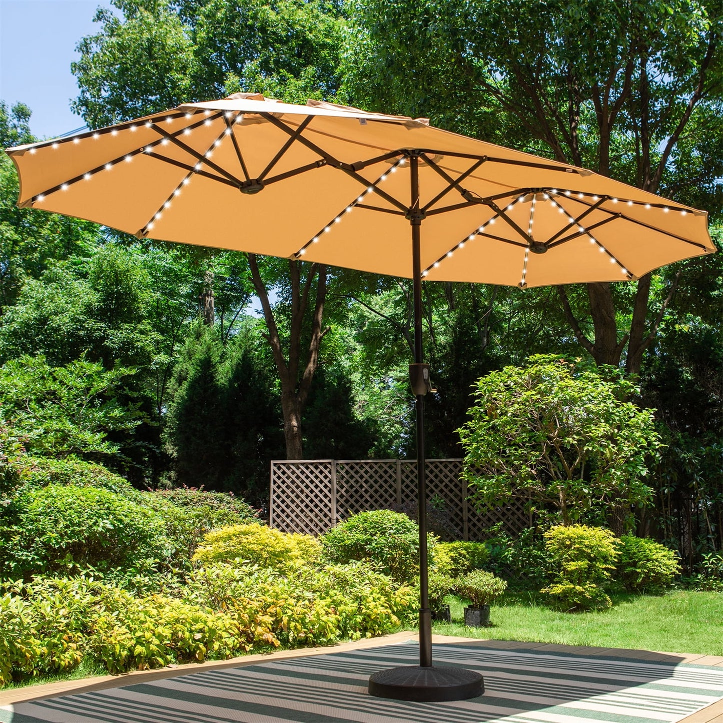 Summit Living 13 ft Patio Umbrella with LED Solar Lights Large Double-Sided Outdoor Table Umbrella Beige