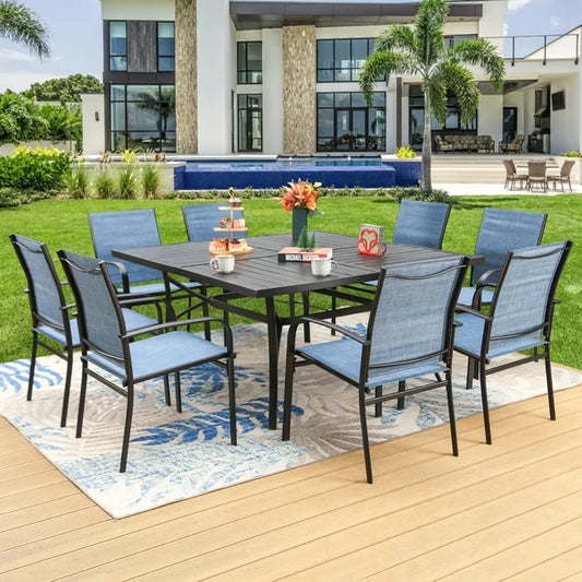 MF Studio 9-Piece Outdoor Patio Dining Set with Metal Steel Square Table & Textilene Chairs for 8-Person, Black & Blue