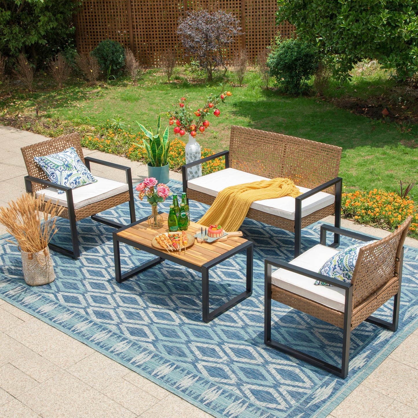 Summit Living 4-Piece Patio Conversation Set, All Weather Wicker Furniture, Yellow & Beige