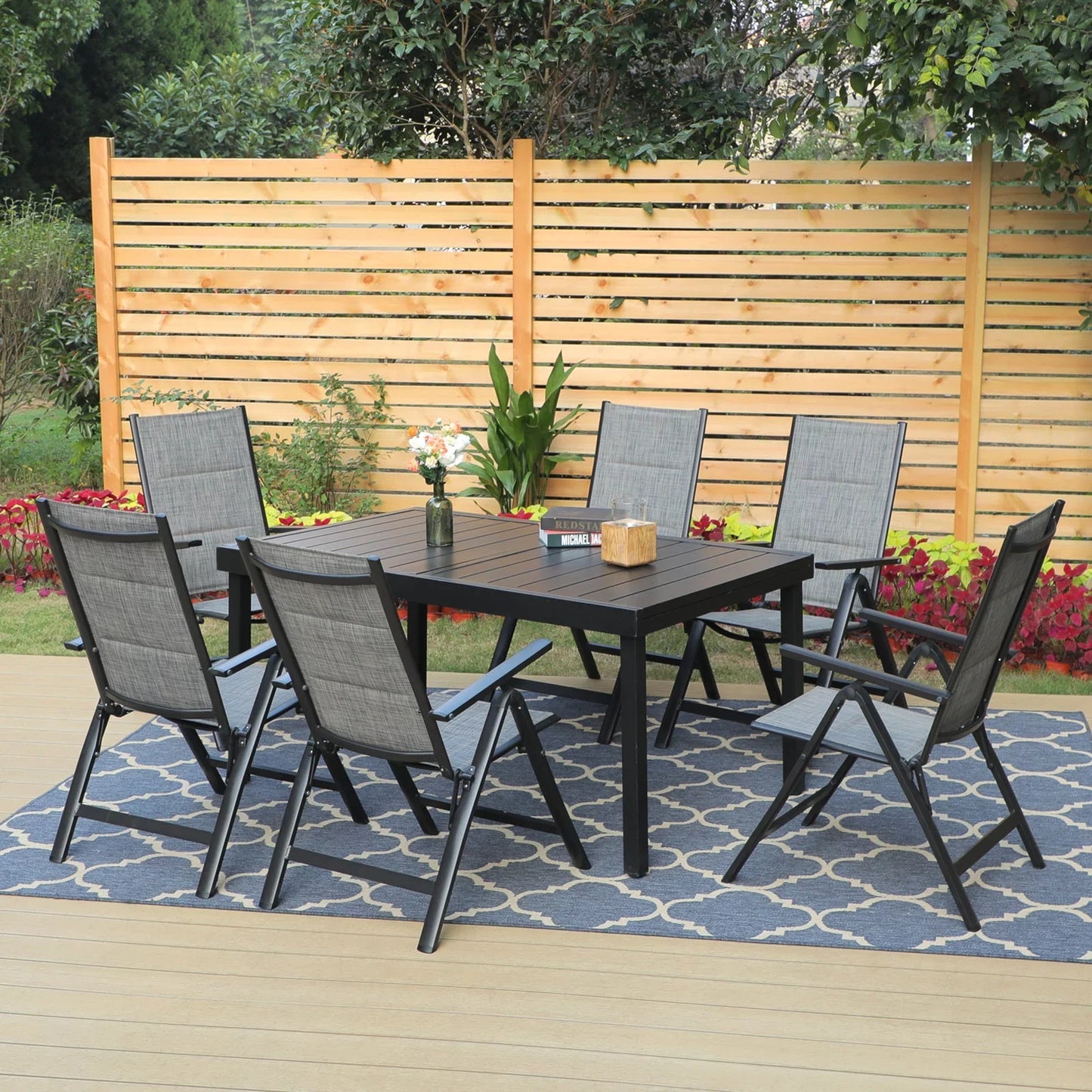 MF Studio 7-Piece Aluminum Outdoor Dining Set with 7-Level Padded Chairs & Extendable Table for 8-Person, Black & Gray