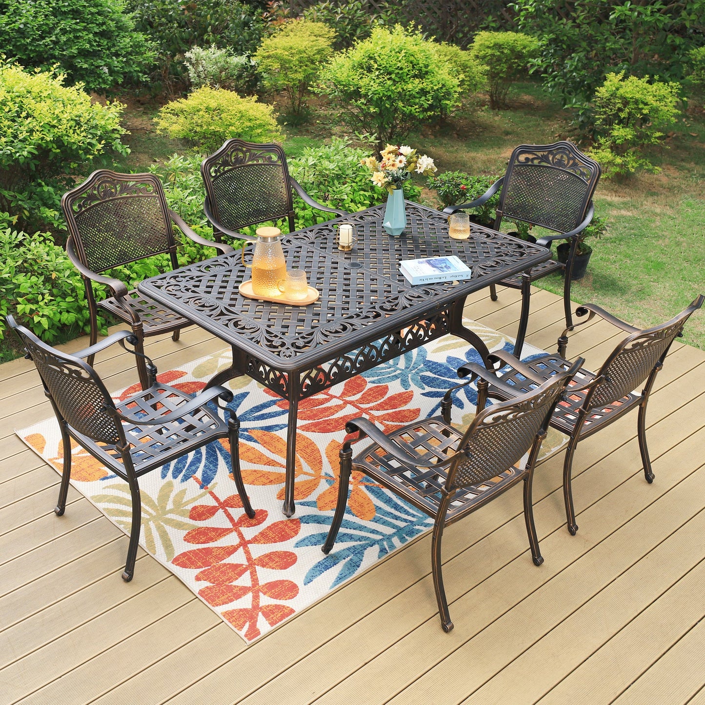 Summit Living 7-Piece Cast Aluminum Outdoor Dining Set with 6 Chairs & 1 Rectangle Table, Antique Bronze